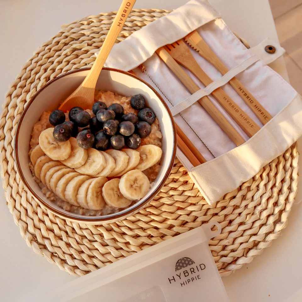 Vegan Oat Meal Breakfast with Bamboo Cutlery